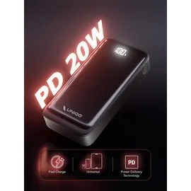 UNIQO Power LCD 20K – Power Delivery 22,5W (PD 3.0 PPS), 20.000mAh Powerbank, LCD-Display, USB-C, USB-A, Schnelllade-Powerbank, Ladegerät für iPhone, Tragbar für Reisen, Schwarz