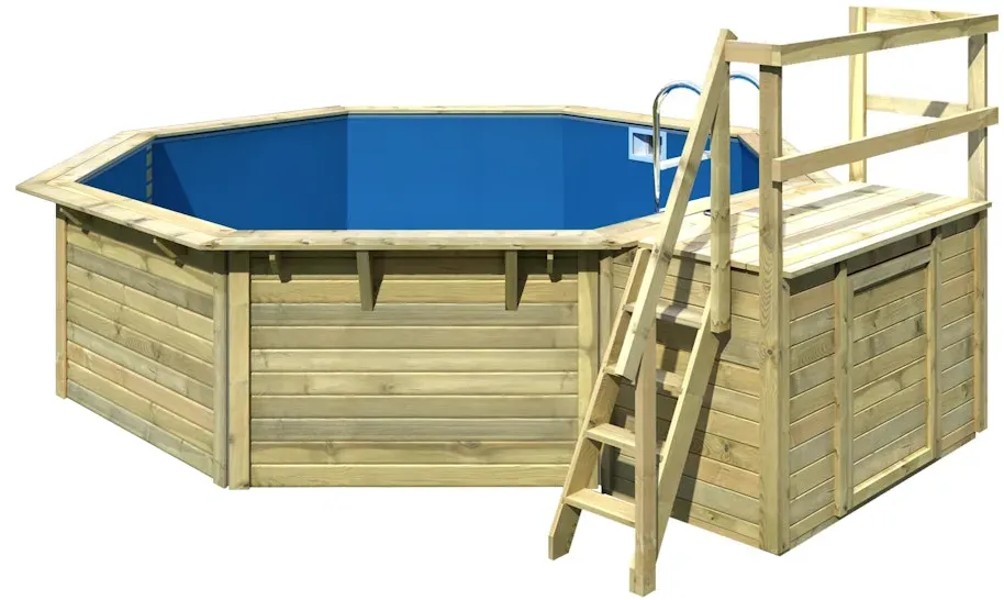 Karibu Pool Modell X2 470 x 470 cm mit Terrasse - kesseldruckimprägniert/wassergrau mit Metallecken Ausführung Wände: kesseldruckimprägniert / Poolfolie: blau inkl. gratis Pool-Pflegeset (Gesamtwert 69 €)