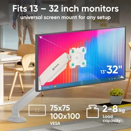 ONKRON Monitor Tischhalterung für 13-32 Zoll, bis 8 kg, Gasdruckfeder, VESA 75x75 & 100x100, schwenkbar, neigbar, drehbar, Weiß G80-W