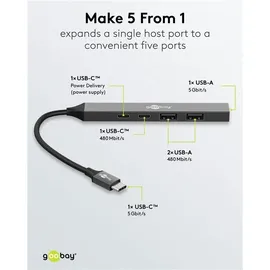 goobay Slim 5-Port USB-Hub, USB-CTM auf USB-CTM/USB-A, 5 Gbit/s