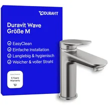 Duravit Wave Waschtischarmatur, WA1020002070, Ausladung 122 mm), Wasserhahn Bad, Armatur Waschbecken, Edelstahl gebürstet