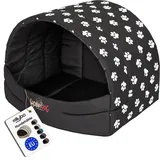 millybo Hundehütte Hundehöhle Hundebett Hundehaus S-XL (R3 (55 x 43 cm), schwarz mit Muster (Pfötchen))
