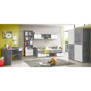Forte Jugendzimmer Lupo Schrank Bett Regal Schreibtisch Beton grau und weiß - Weiß