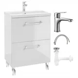 .Deftrans - Waschbeckenunterschrank 60 cm Breit x 40 cm Tief x 84 cm Hoch – Badezimmerschrank mit Waschbecken, Armatur und Siphon – Badunterschrank stehend in Weiß Hochglanz – mit Schubladen