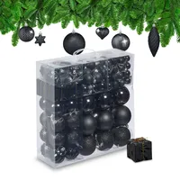 Relaxdays Weihnachtskugeln 110er Set, Kunststoff, Weihnachtsbaumdeko mit Kugeln & Lametta, Christbaumschmuck, schwarz