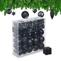 Relaxdays Weihnachtskugeln 110er Set, Kunststoff, Weihnachtsbaumdeko mit Kugeln & Lametta, Christbaumschmuck, schwarz