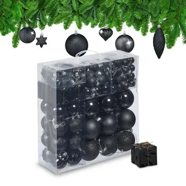 Relaxdays Weihnachtskugeln 110er Set, Kunststoff, Weihnachtsbaumdeko mit Kugeln & Lametta, Christbaumschmuck, schwarz