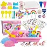 BARVERE Knetsand Set Kinder, 38 Pcs Spielsand Set, 1.3kg Knetsand mit Spielsand Box, Einhorn Magic Zaubersand Koffer, Bastelset Kinder Bunter Kinetik für Mädchen & Junge