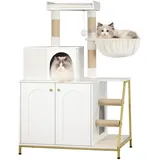 Hzuaneri Katzenschrank, 4-in-1 Modernes Katzenhaus mit Großer Plattform, Katzenhaus mit Sisal-Kratzmatte, Pfosten, Treppe und Pompom, Waschbare Kissen, Weiß CB81013A