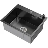 ML-Design Spülbecken Edelstahl 55x45 cm Anthrazit, Rechteckig, 1 Becken mit Seifenspender, Einzelbecken mit Siphon
