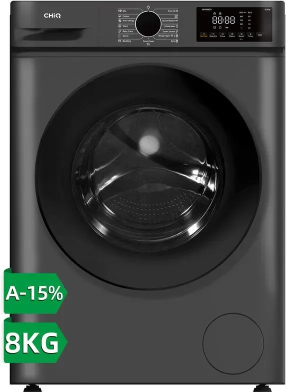 CHiQ 8 kg Vorlader-Waschmaschine JW85883G, große 530 mm Trommel, BLDC-Motor, 1400 U/min, Dampfwäsche, 1-Touch Smart & 15-Min.-Schnellwäsche, 465 mm schlanke Breite, dunkelgrau, Energieeffizienz A (10 %)
