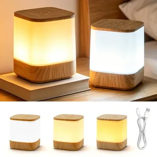 2er Set LED Nachttischlampe Touch Dimmbar, 3600mAH USB Aufladbar LED Tischlampe, Holzmaserung Nachtlicht mit 3 Farbtemperaturen, Tischlampe Kabellos mit Timing und Memory Funktion für Schlafzimmer