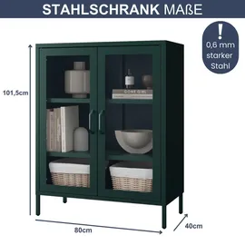 Jan Nowak Vitrinenschrank Wohnzimmer klein GINA 101,5 x 80 x 40 cm, DunkelGrünfarbig