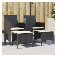 vidaXL Gartensofa 2-Sitzer mit Tisch und Hockern Schwarz Poly Rattan