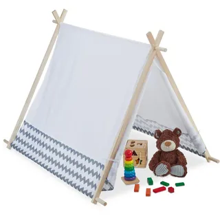 Relaxdays 10035301 Tipi Zelt für Kinder, mit Fenster, Kinderzimmer Zelt, Wigwam Kinderzelt, HxBxT: 92 x 92 x 120 cm, weiß-grau