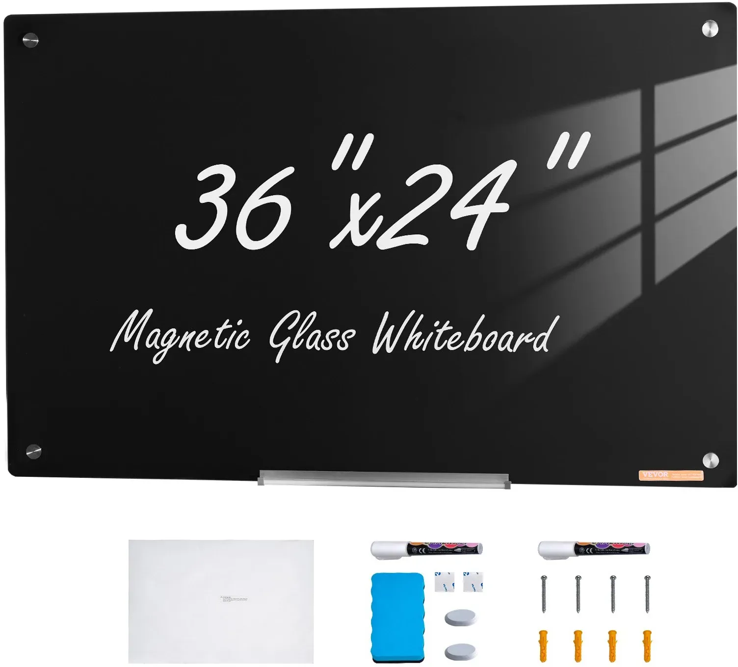 VEVOR Magnetisches Glas-Whiteboard, Trocken Abwischbare Tafel 90 x 60 cm, Wandmontiertes Großes Weißes Glasboard ohne Rahmen, mit Stiftablage, einem Radiergummi& 2 Stiften, Magnettafel Schwarz