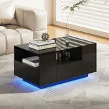 Makika LED Couchtisch - Design Wohnzimmertisch mit Ablagefach und Schubladen - Schwarz Hochglanz