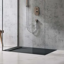 doporro Duschtasse Duschwanne 90x140x4 flach Mineralguss in Anthrazit DIN-Anschlüsse für bodengleiche Montage geeignet Geoma04