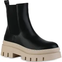VAN HILL Damen Plateau Boots Stiefeletten Blockabsatz Stiefel Profil-Sohle Schuhe 839451, Farbe: Schwarz Beige, 40 - 40