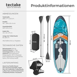 Tectake tectake® Stand-Up Paddle Board, 2in1, aus Drop-Stitch Material, Belastbarkeit 200 kg, 288 x 77 x 22,5 cm