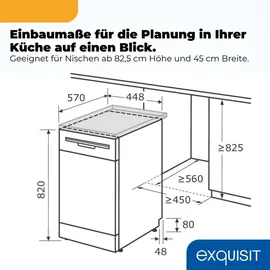 Exquisit GSP9109-451D Unterbau-Geschirrspüler (Unterbaugerät, 450 mm, Weiß)