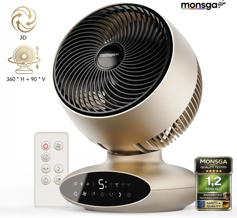 Monsga AC200 Turbo-Tischventilator, 360° & 90° Oszillation, Fernbedienung & Touch-Steuerung, 30dB leise, 8H-Timer, abnehmbar & leicht zu reinigen für Zuhause