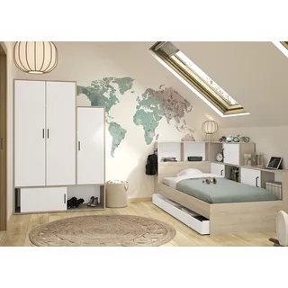 Gami Schlafzimmer-Set GAMI, weiß (kastanie natur nachbildung, weiß), B:120cm H:104cm T:221cm, Spanplatte, Schlafzimmermöbel-Sets, Ideal für Kinder und Jugendzimmer