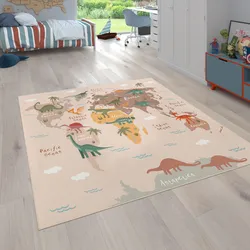 Kinderteppich PACO HOME "Bino 583" Teppiche Gr. B: 200cm, 4mm, L: 290cm, beige Kinder Spielteppich, Motiv Weltkarte & Dinosaurier, Kinderzimmer