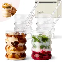 KIVY Trinkgläser Set mit Glas Strohhalm - Für Eiskaffee, Wasser & Cocktails - Longdrinkgläser Set - Kaffee & Matcha Gläser - Kaffeegläser - Latte Macchiato Gläser (Bubble 350ml)