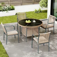 5-teiliges Garten-set, Runder Tisch Aus Gehärtetem Glas + 4 Stühle Aus Pe-rattan, Metallgestell, Für 4 Personen, Grau Und Beige