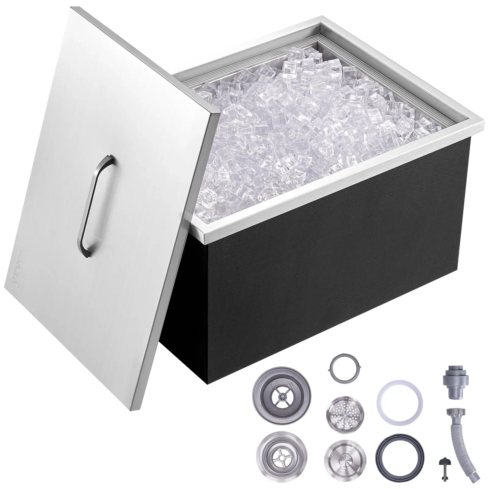 VEVOR Drop-in-Eisbox, 30,25 L Edelstahl-Eiskühler, 508 x 355 x 308 mm Kommerzieller Eisbehälter mit Abdeckung, Eingebaute Eisspeichertruhe, Abflussrohr und Ablassstopfen im Lieferumfang Enthalten