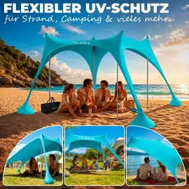 eloneo Strandzelt, Sonnensegel Strand 300x300x200 cm, LSF 50+, Sonnenschutz für Strand mit Sandschaufel, Heringen und 4 Stabilitätsstangen, 8 Personen, Türkis