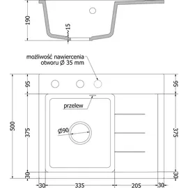 Mexen Ben Granitspüle 1-becken mit Abtropffläche 600 x 500 mm, weiß, goldener Siphon - 6522605000-20-G