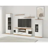 OTTO home Wohnwand OTTO HOME "Ribe Wohnwand Set-5 St.", weiß, eiche, B:260cm H:180cm T:35cm, Holzwerkstoff, Massivholz, Kastenmöbel-Sets, Wohnwand, Glaseinsatz aus gehärtetem Glas,Böden teilweise versetzbar