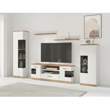 OTTO home Wohnwand OTTO HOME "Ribe Wohnwand Set-5 St.", weiß, eiche, B:260cm H:180cm T:35cm, Holzwerkstoff, Massivholz, Kastenmöbel-Sets, Wohnwand, Glaseinsatz aus gehärtetem Glas,Böden teilweise versetzbar