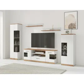 OTTO home Wohnwand OTTO HOME "Ribe Wohnwand Set-5 St.", weiß, eiche, B:260cm H:180cm T:35cm, Holzwerkstoff, Massivholz, Kastenmöbel-Sets, Wohnwand, Glaseinsatz aus gehärtetem Glas,Böden teilweise versetzbar