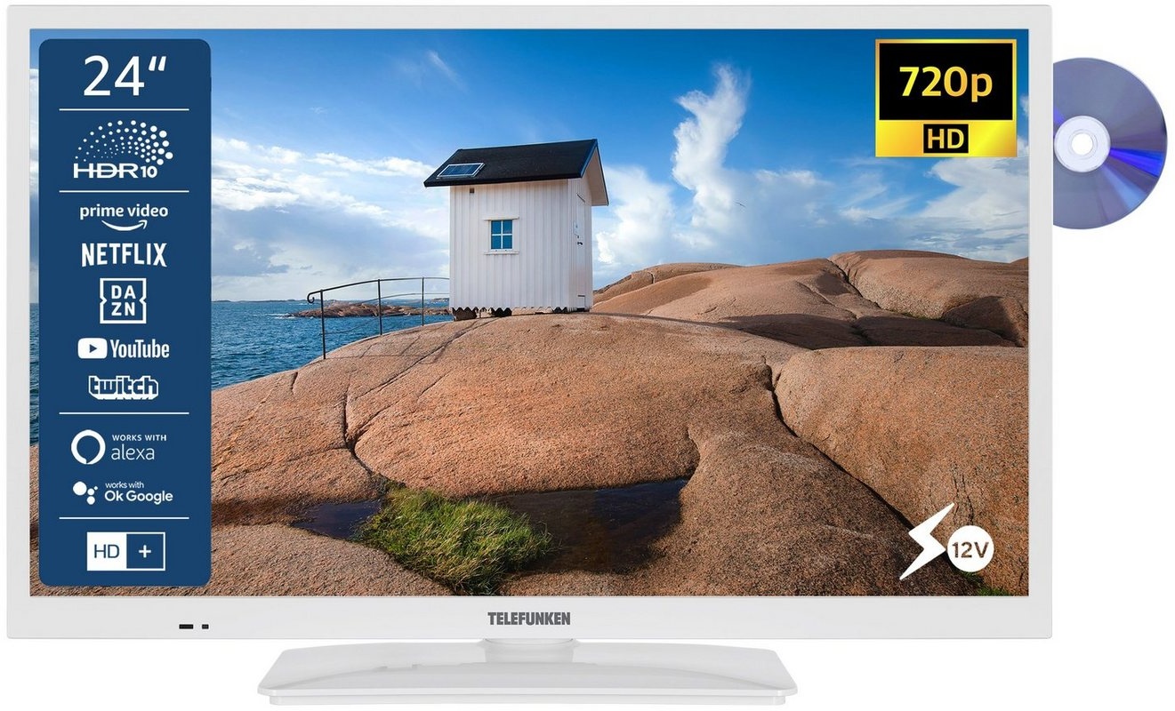 Telefunken XH24SN550MVD-W LCD-LED Fernseher (60 cm/24 Zoll, HD-ready, Smart TV, 12 Volt Anschluss, Triple-Tuner, DVD-Player, 6 Monate HD+ gratis) weiß