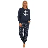 normann-wäschefabrik Damen Schlafanzug Pyjama mit Bündchen in maritimer Optik mit Anker als Motiv -212 90 910, Farbe:Marine, Größe:44-46 - 44-46