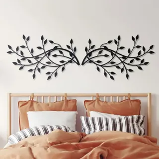 2 Stück Metall Baum Blatt Wanddekor, Zweig Blatt Wandkunst,Schwarzer Wandbehang,Moderne Wanddekoration Silhouette Wandkunst,Metallbilder,Home Hanging für Schlafzimmer Wohnzimmer Bad Büro (Schwarz)