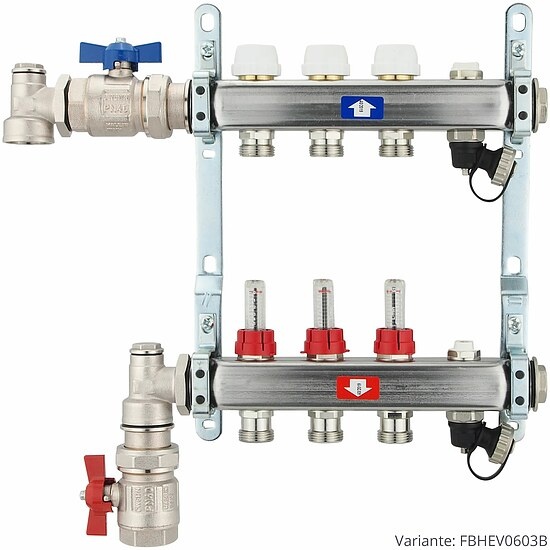 Fußbodenheizungsverteiler aus Edelstahl mit Topmeter für 3 Heizkreise - mit Anschlussset senkrecht