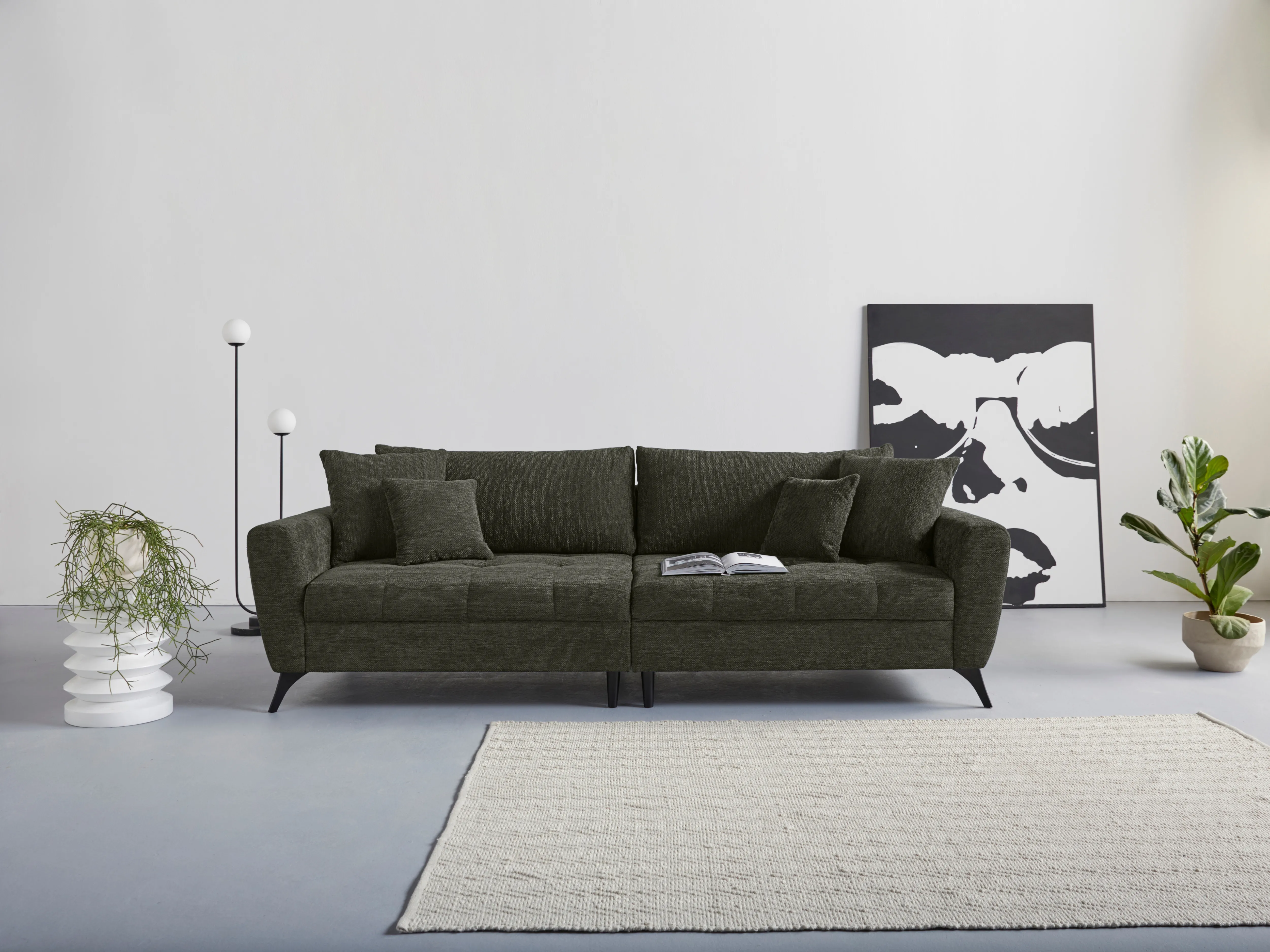 Big-Sofa INOSIGN "Lörby" Sofas Gr. B/H/T: 264 cm x 90 cm x 107 cm, Struktur weich, Struktur weich, grün XXL Sofas auch mit Aqua clean-Bezug, feine Steppung im Sitzbereich, lose Kissen