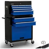 Arebos Werkstattwagen 9 Fächer, Transportwagen Werkzeug Rollwagen Werkzeugkasten, blschwarz/blau, mit Antirutschmatten, Kratzresistent, pulverbeschichtet