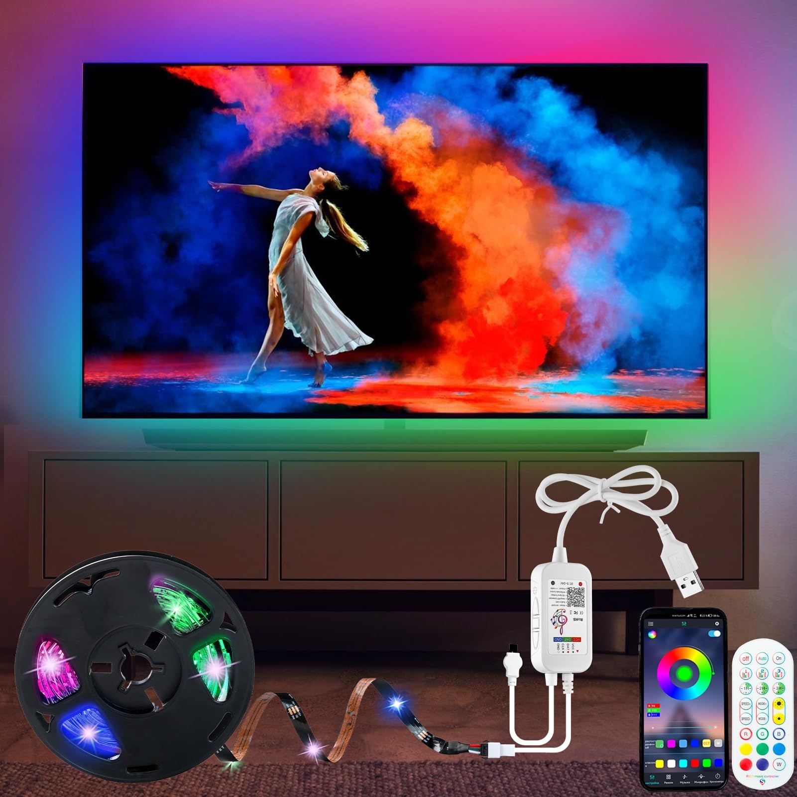 ETRLNXY RGBIC LED TV Hintergrundbeleuchtung für 55 bis 70 zoll TVs Musik Sync, Dreamcolor LED Strip App und Fernbedienung, Eingebaut-IC Lichtverlaufsstreifen for TV PC Dekoration
