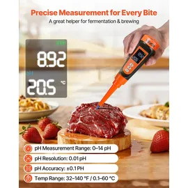 Vevor pH-Meter für Lebensmittel, Messbereich 0–14, Wasserdichte Sonde (IP68), Messgerät mit Automatischer Temperaturkompensation, Kalibrierpulver, für Lebensmittelfermentation, Teig & Fleisch