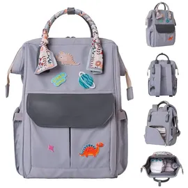 KIKKABOO Wickeltasche Myla Rucksack, Wickelunterlage, abnehmbare Abzeichen Dino grau