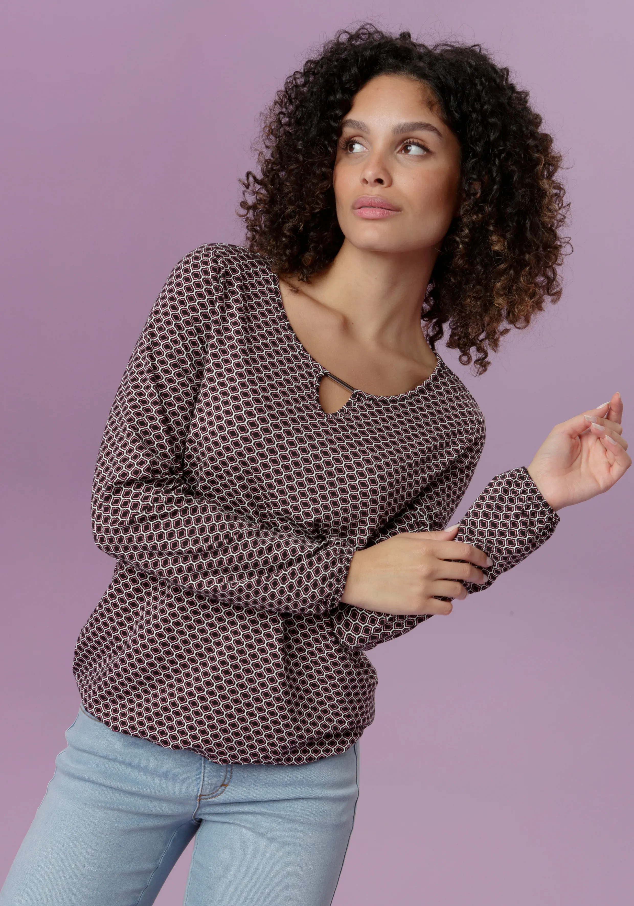 Langarmshirt ANISTON SELECTED Gr. 40, rosa (schwarz, offwhite, mauve) Damen Shirts Jersey in unterschiedlichen Drucken, jeweils mit Schmuckelement