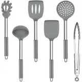 TEAMFAR Küchenhelfer Set, 6 Stück Silikon Küchenutensilien Kochbesteck mit Edelstahlgriff, Hitzebeständiger Pfannenwender Kochutensilien Set zum Kochen, Leicht zu Reinigen & Spülmaschinenfest, Grau