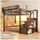 Odikalo Hochbett 90x200 140x200 Kinderbett Jugendbett Metallbett mit LED & Stauraum (mit Sicherheitsleiter und flexiblem Stauraum Metallbett Erwachsenenbett) 140 cm x 200 cm