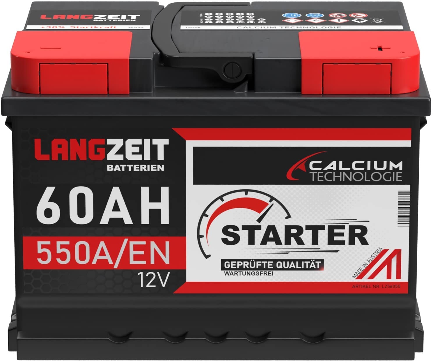 LANGZEIT lead acid, Autobatterie, Kompatibel mit PKW, 60AH 12V 550A/EN Starterbatterie +30% mehr Leistung ersetzt Batterie 55AH 53AH 54AH 56AH 61AH 62AH