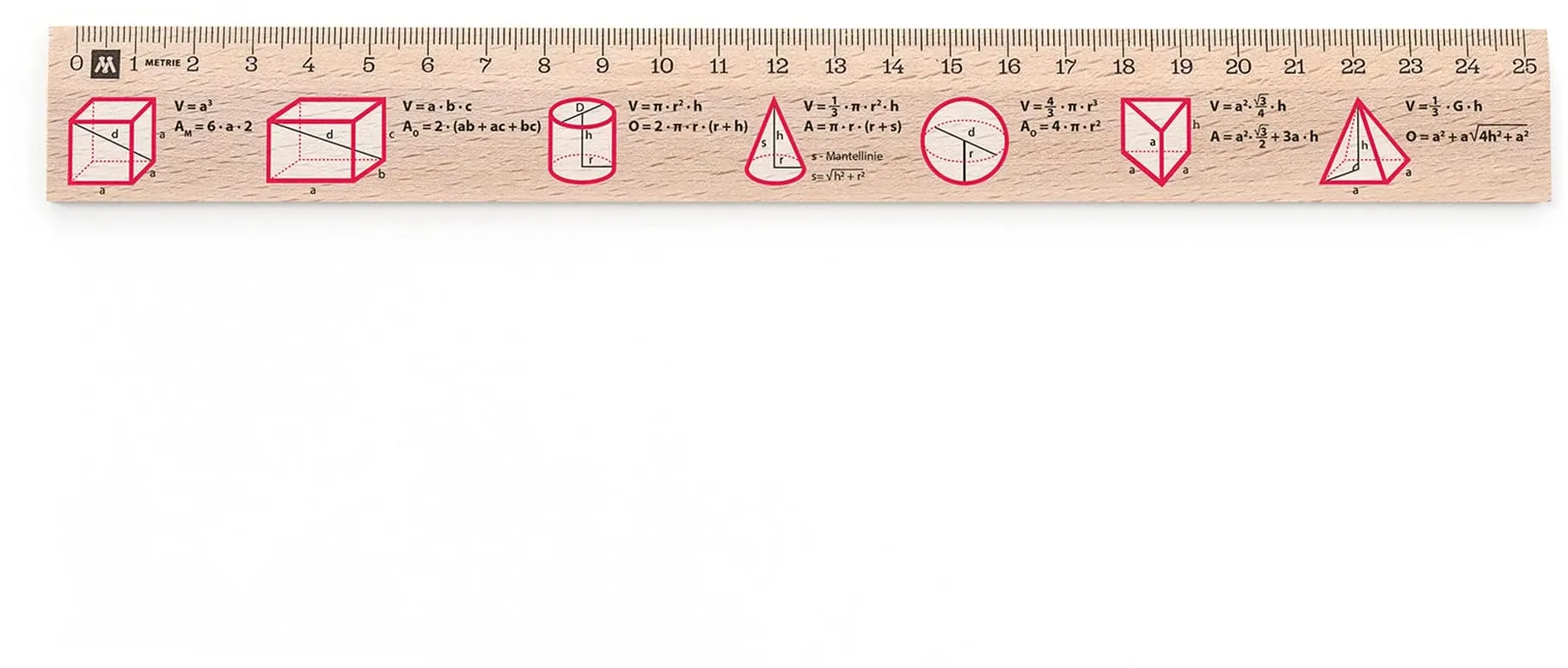 Metrie, Didakt-M07 Holzlineal, bedrucktes Körpervolumen, 25 cm